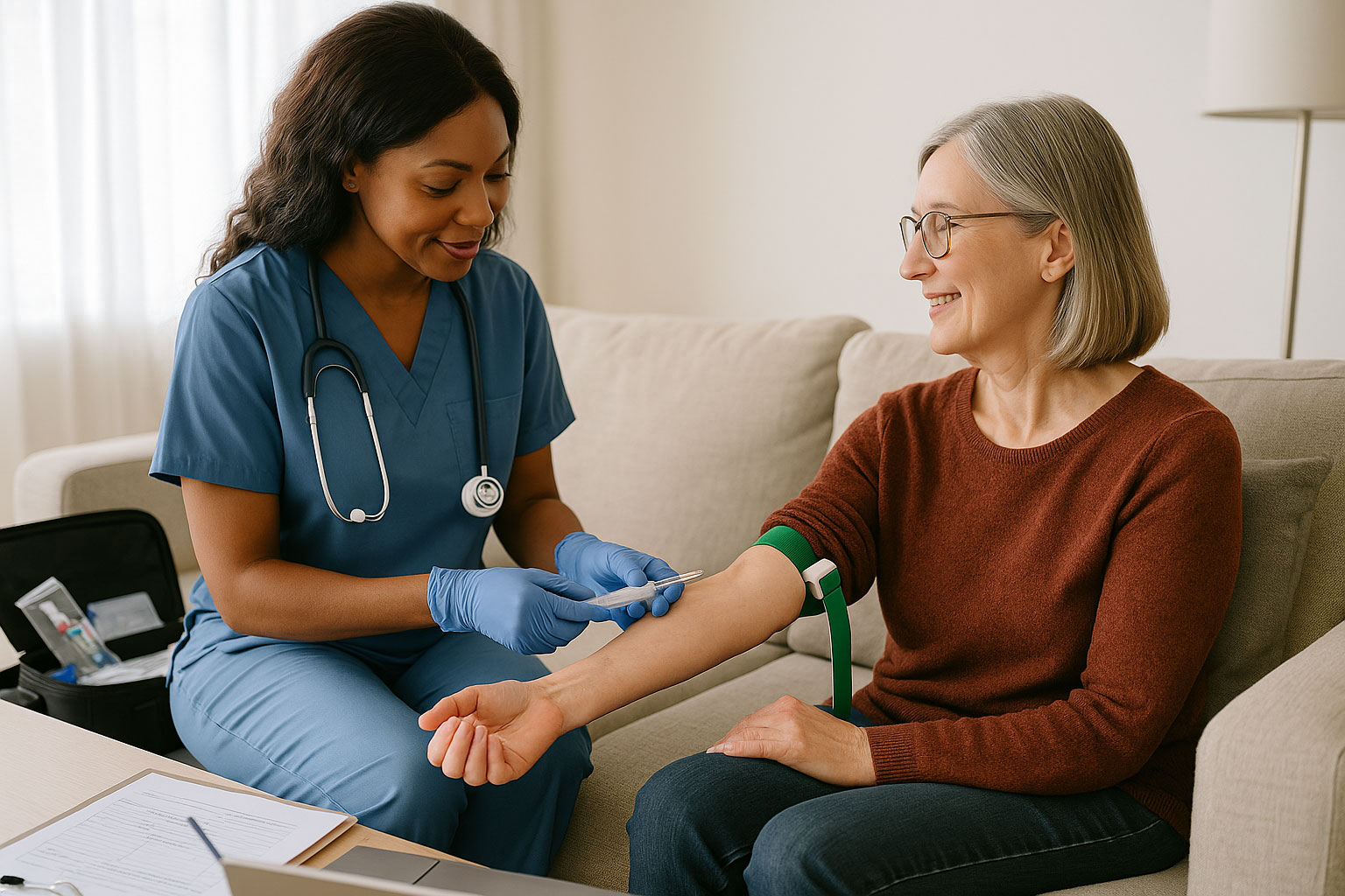 How-It-Works-Feat-IMG A nurse and woman sitting in a room and preparing for a medical test | Vital Health Mobile Services