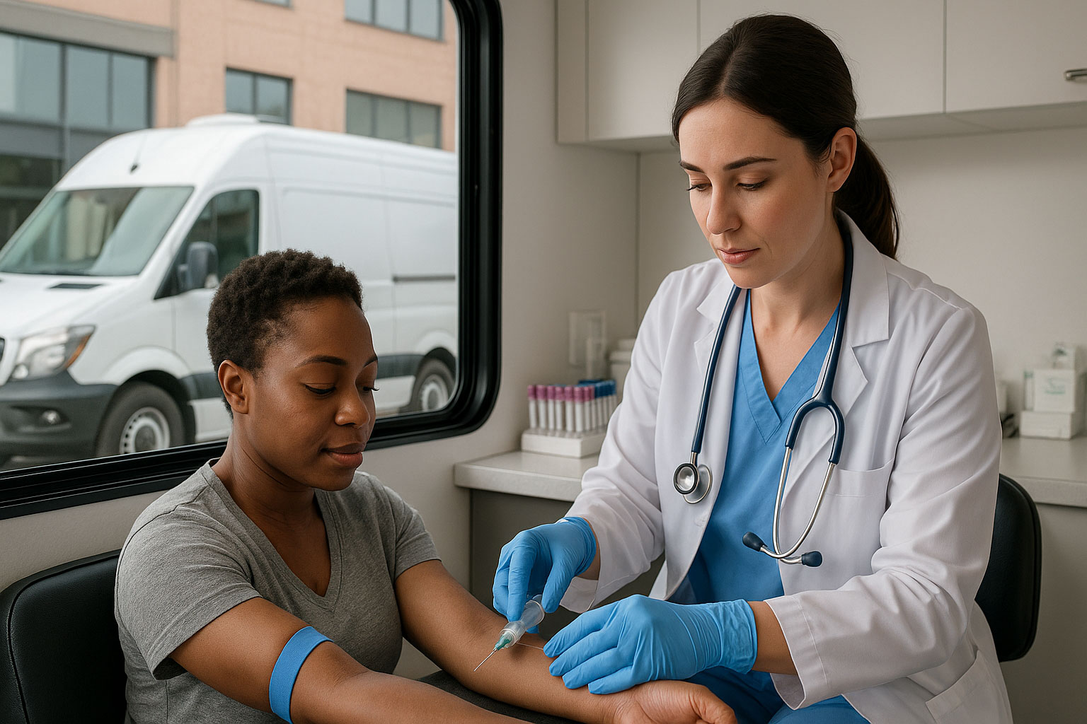 Main-Site-IMG Image of a nurse doing a test on a woman in a lab with a van outside the window. | Vital Health Mobile Services